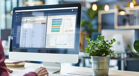 Bureau moderne Daniel Bousquet à Toulouse avec écran de statistiques, main au clavier et ambiance professionnelle,