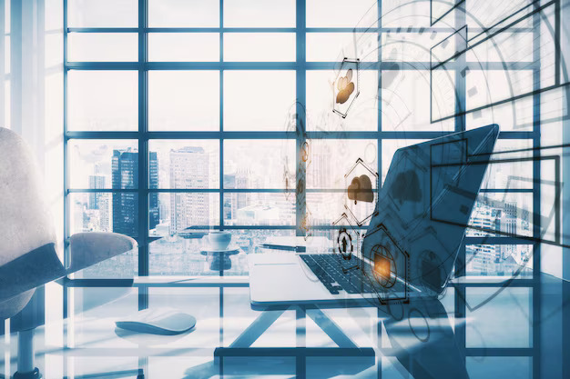 Espace de travail moderne Daniel Bousquet à Toulouse, bureau lumineux avec ordinateur et symboles numériques,